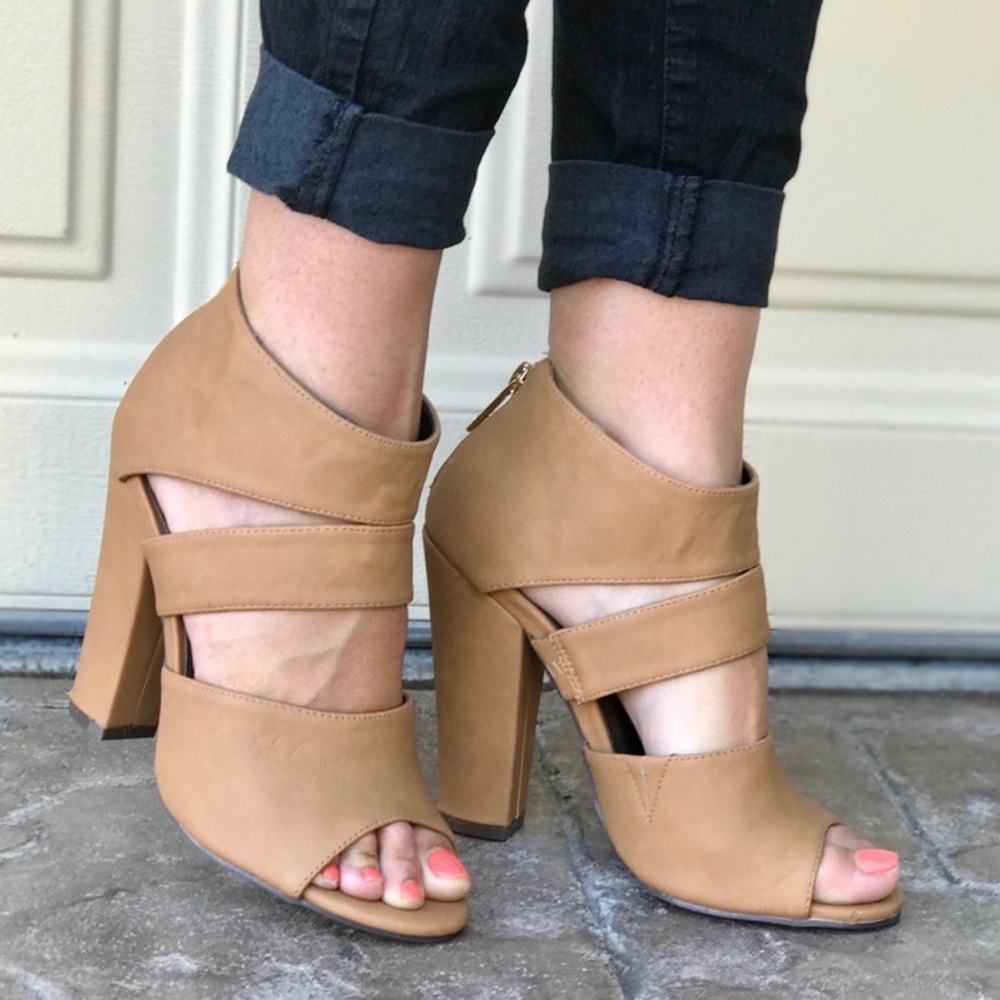 Tan Mat Finish Cut Out Block High Heel Sandal